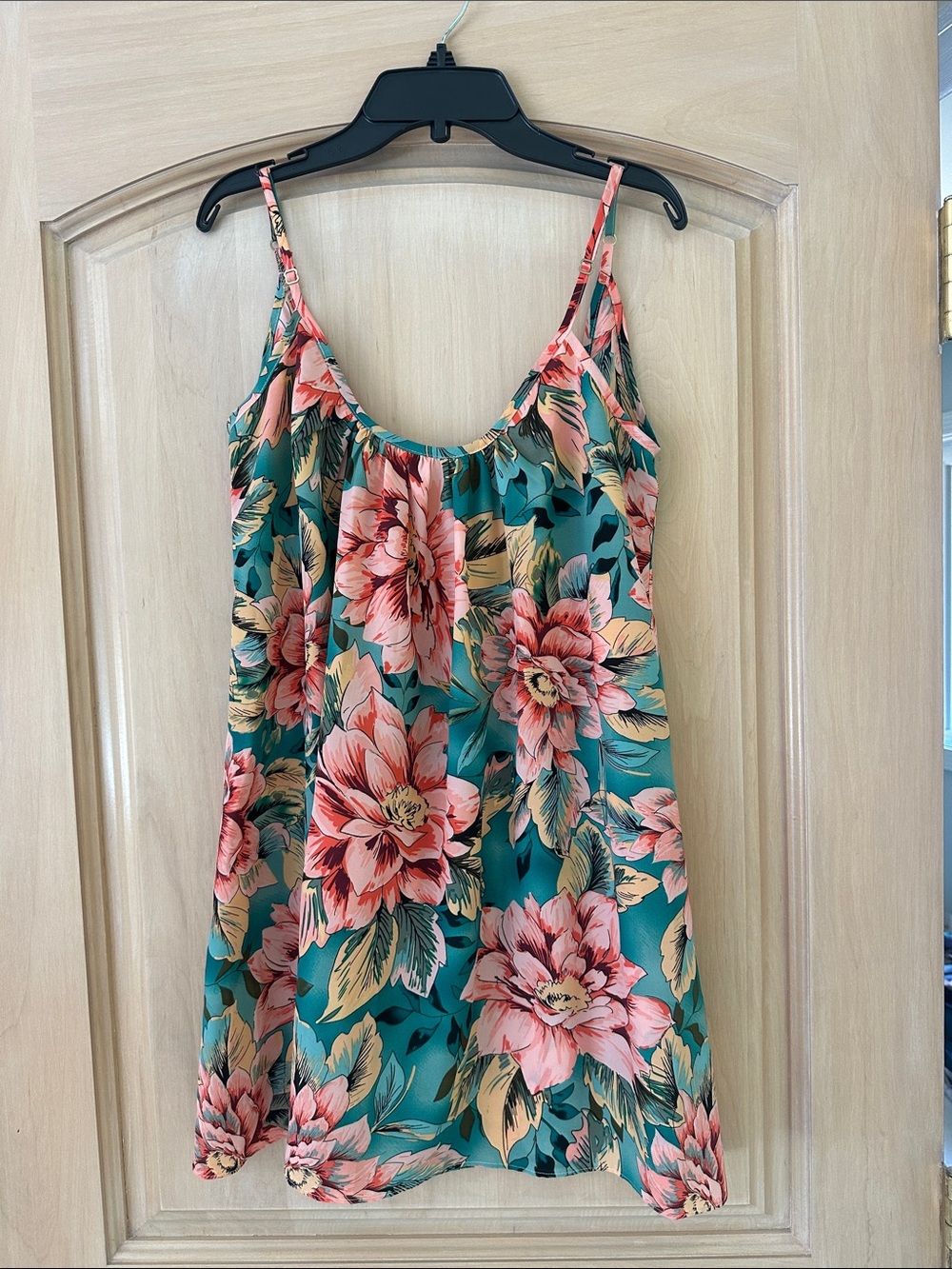 Show Me Your MuMu Teal Mini Slip Dress with Pink Floral Print